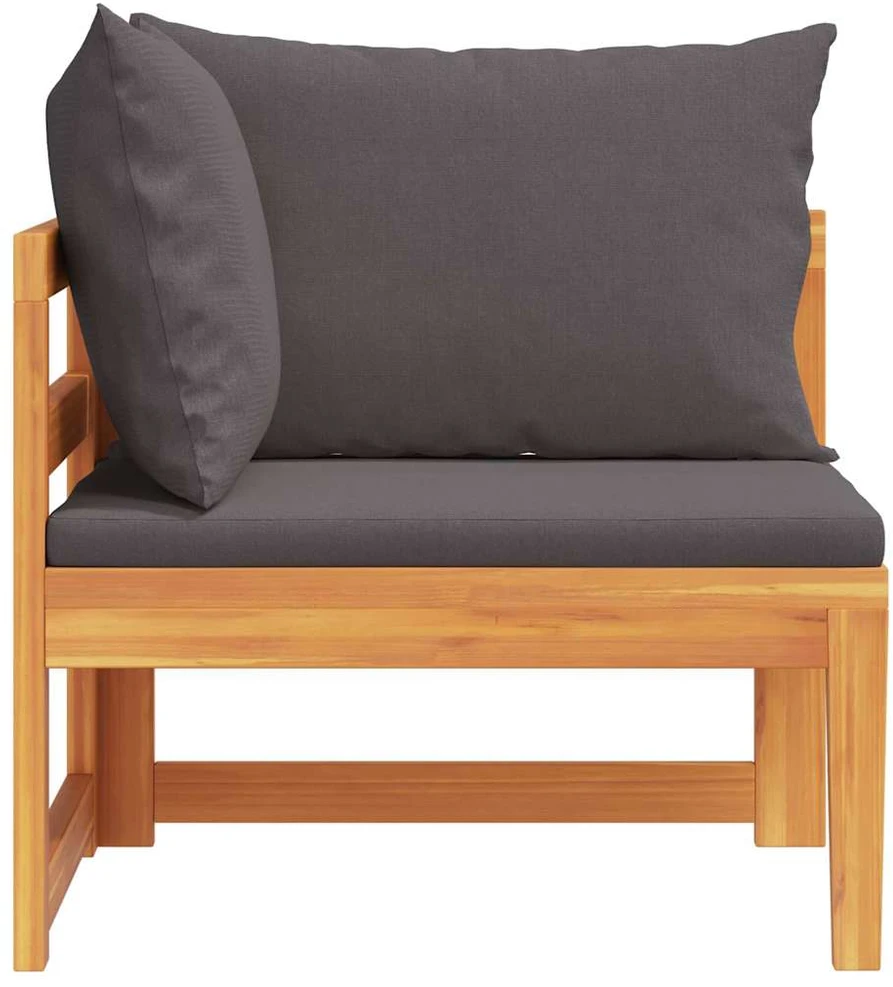 Kampinė sofa su tamsiai pilkomis pagalvėlėmis, akacijos masyvas
