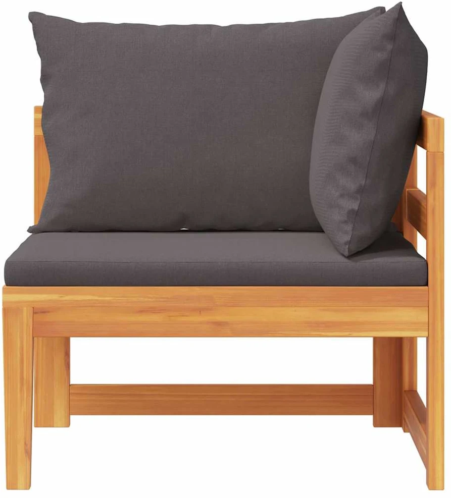 Kampinė sofa su tamsiai pilkomis pagalvėlėmis, akacijos masyvas