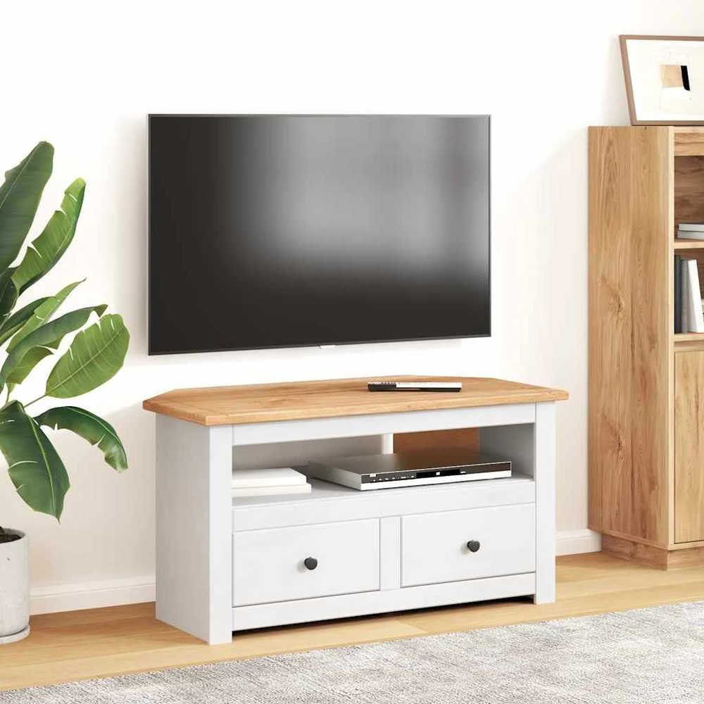 Kampinė TV spintelė Panama, balta, 93x49x49cm, pušies masyvas