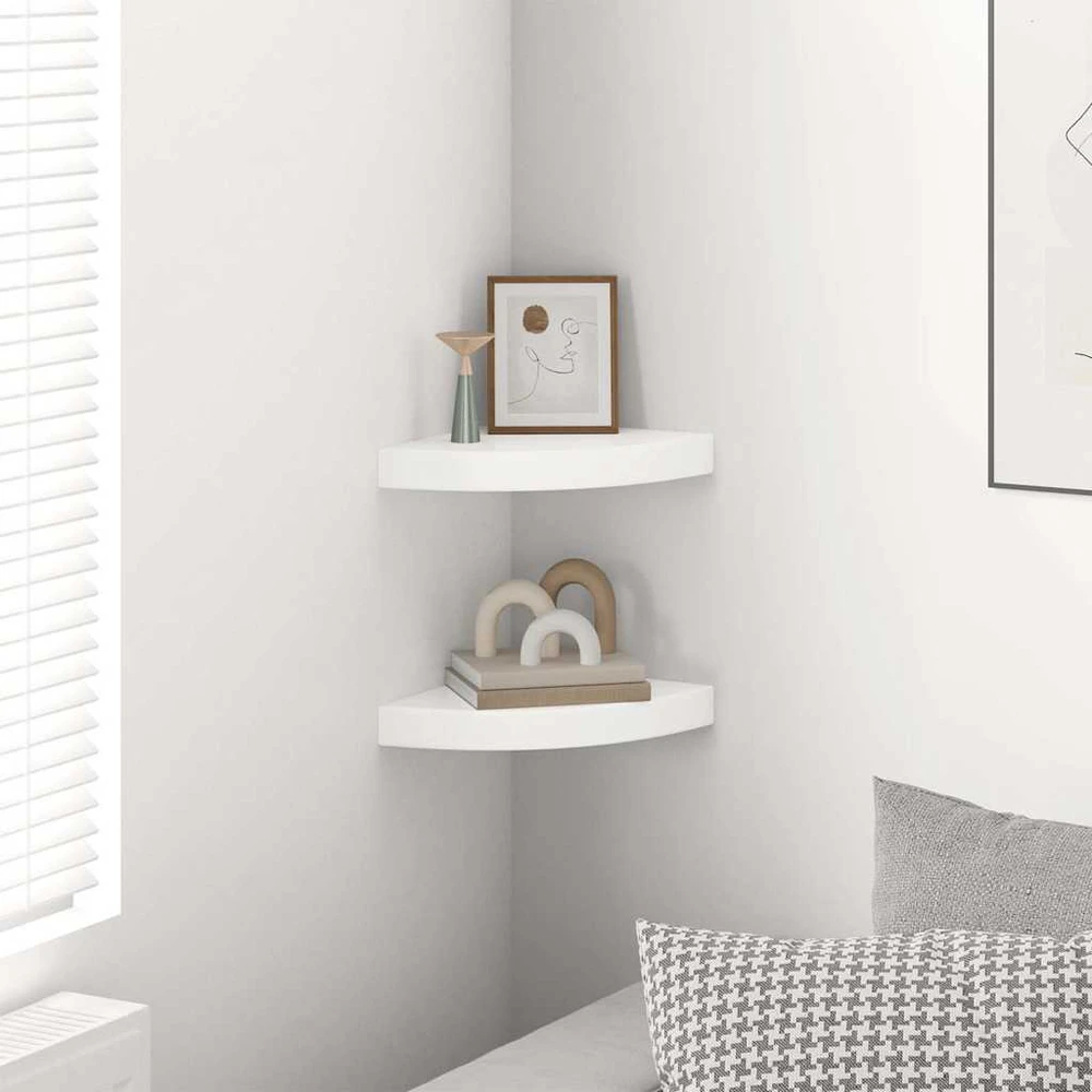 Pakabinamos kampinės lentynos, 2vnt., baltos, 25x25x3,8cm, MDF