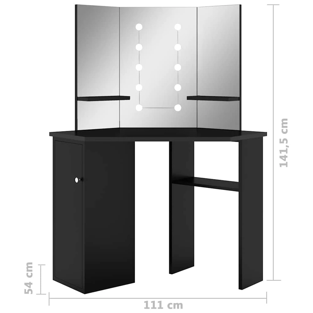 Kampinis kosmetinis staliukas su LED, juodas, 111x54x141,5cm