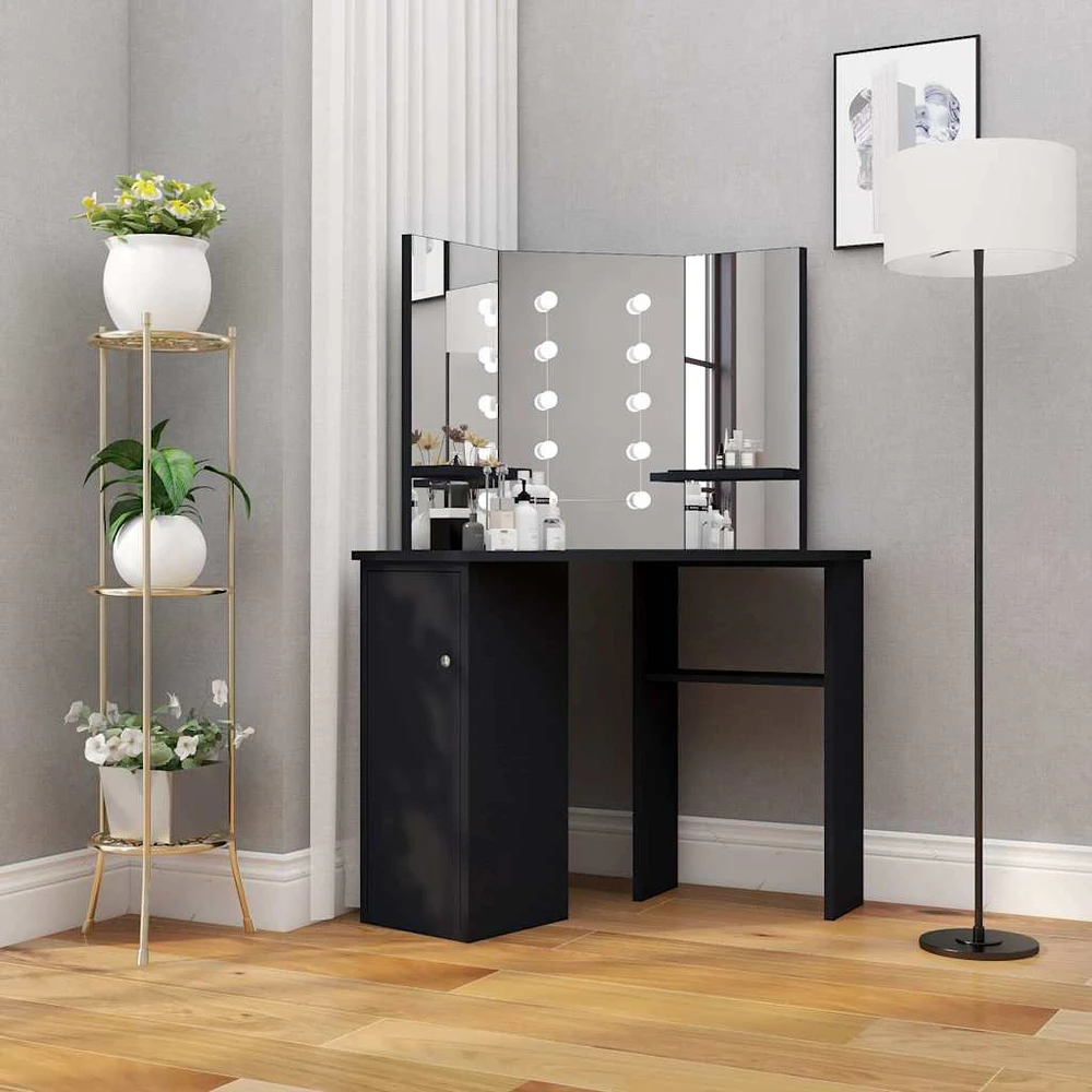 Kampinis kosmetinis staliukas su LED, juodas, 111x54x141,5cm