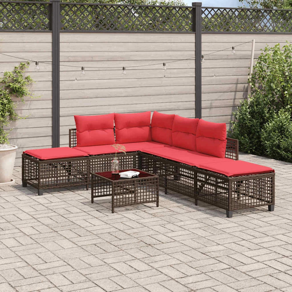Kampinis sodo sofos komplektas su pagalvėlėmis, 3 dalių, rudas, poliratanas