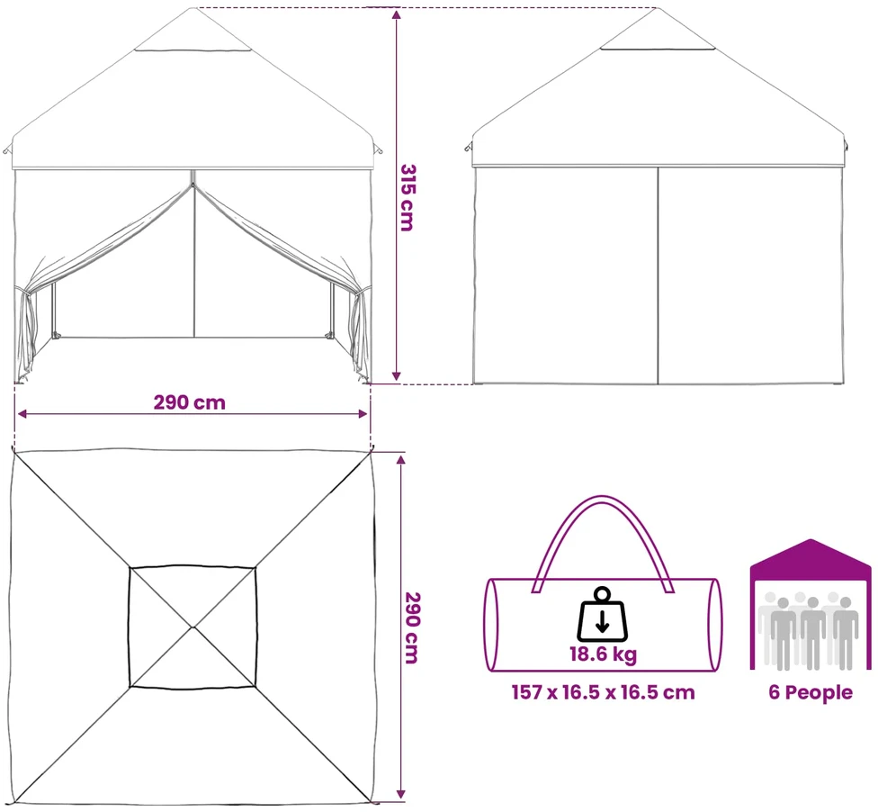 Kanopė su 4 šoninėmis sienelėmis 2,9 x 2,9 m