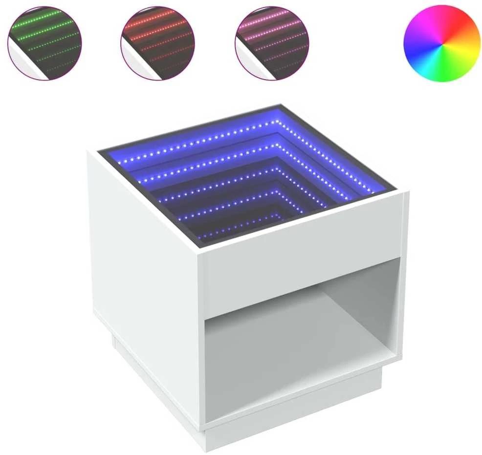 Kavos staliukas su Infinity LED lemputėmis, baltas, 50x50x50cm