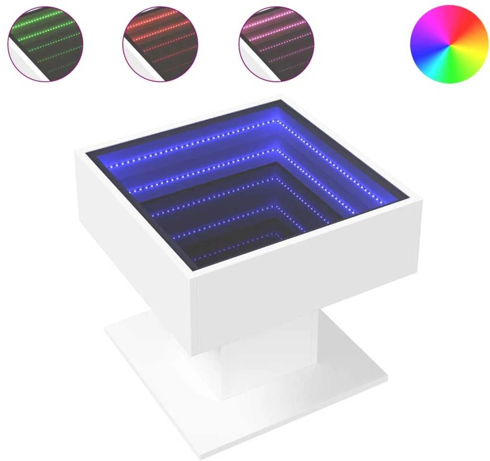 Kavos staliukas su LED, baltas, 50x50x45cm, apdirbta mediena