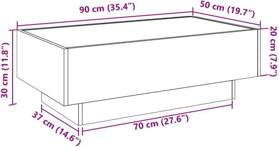 Kavos staliukas su LED, baltas, 90x50x30cm, apdirbta mediena