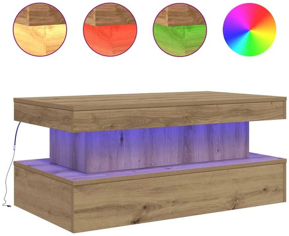 Kavos staliukas su LED lemputėmis, artisano ąžuolo, 90x50x40cm