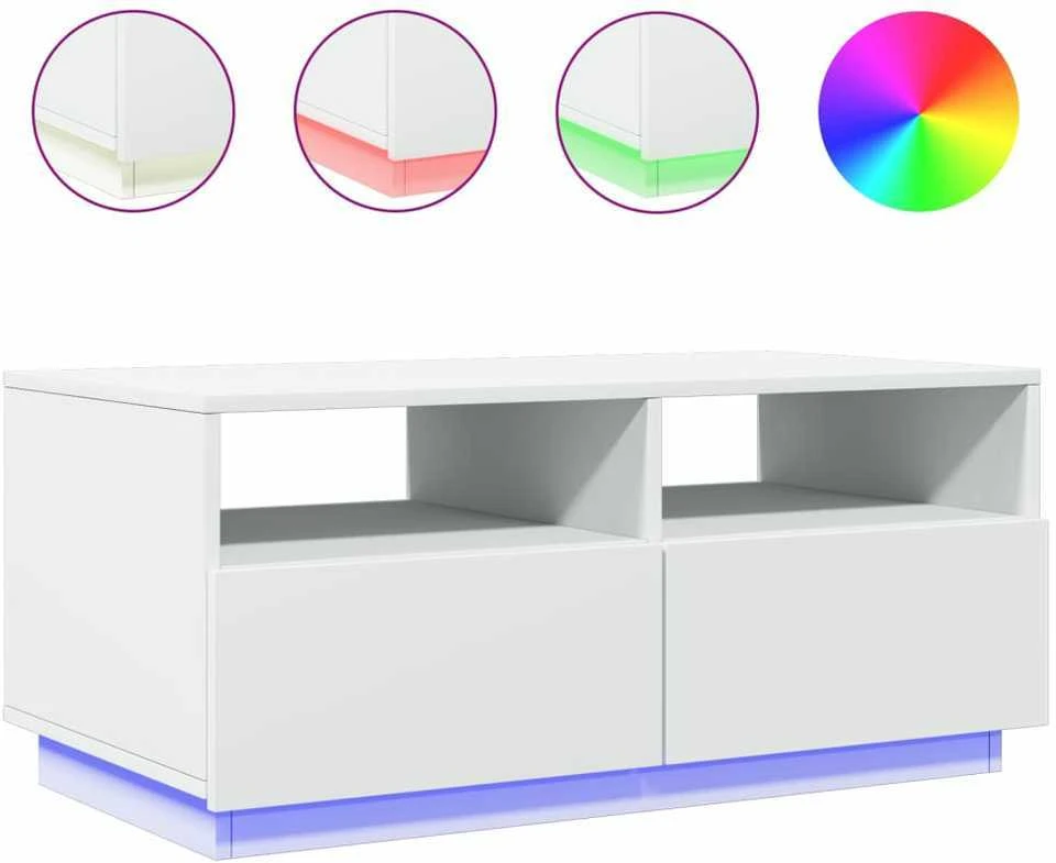 Kavos staliukas su LED lemputėmis, baltos spalvos, 90x49x40cm