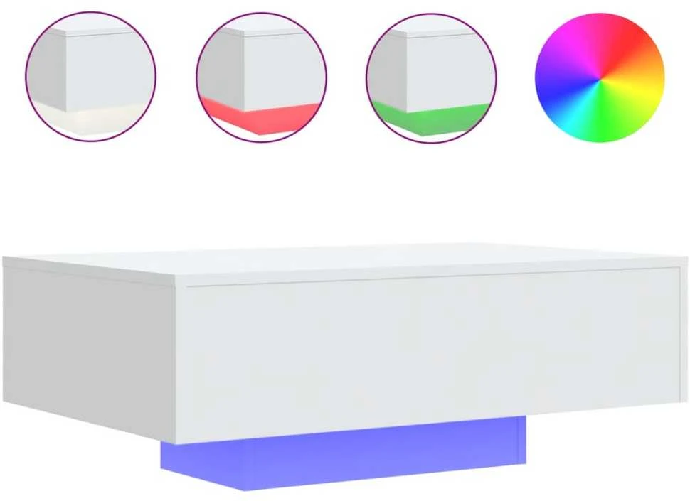 Kavos staliukas su LED lemputėmis, baltos spalvos, 85x55x31cm