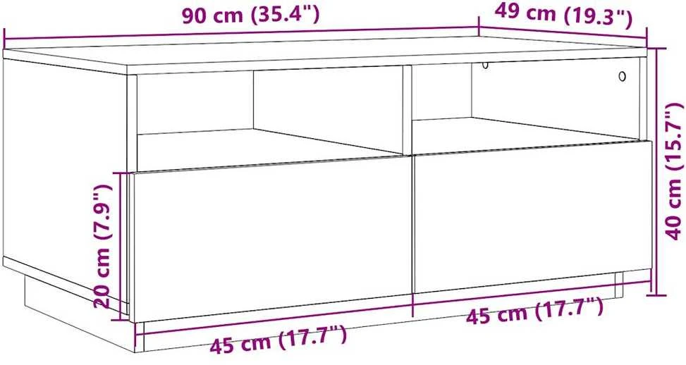 Kavos staliukas su LED lemputėmis, baltos spalvos, 90x49x40cm