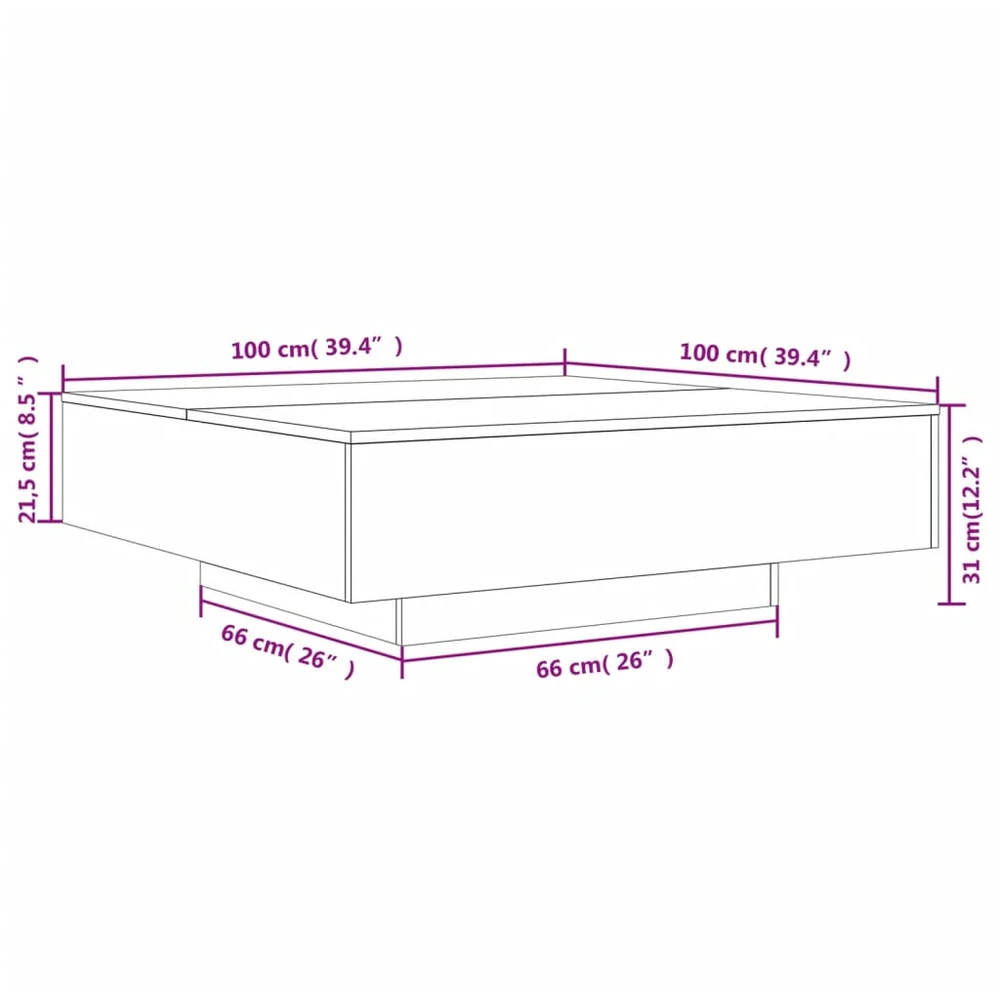 Kavos staliukas su LED lemputėmis, baltos spalvos, 100x100x31cm