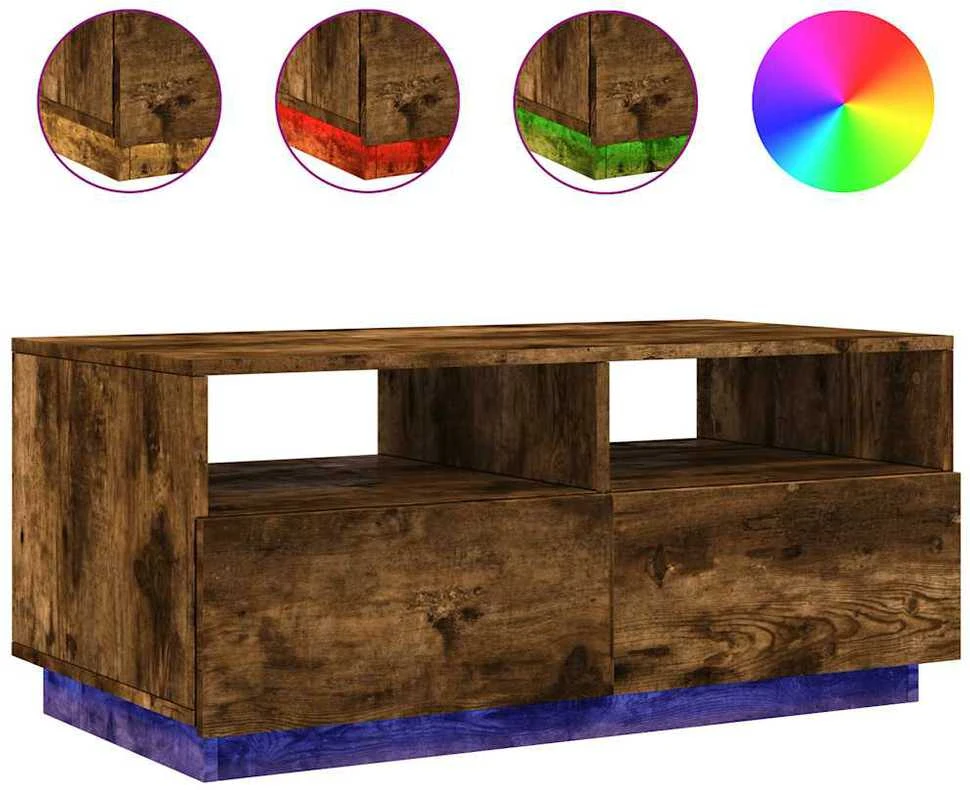 Kavos staliukas su LED lemputėmis, dūminio ąžuolo, 90x49x40cm