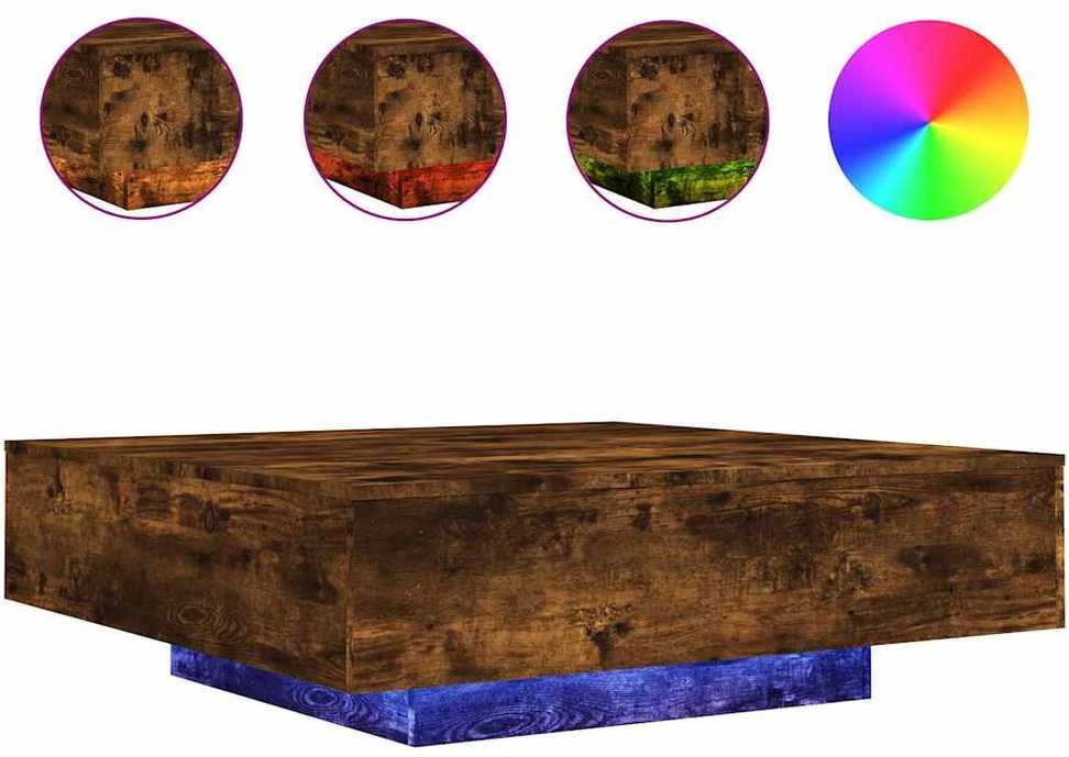 Kavos staliukas su LED lemputėmis, dūminio ąžuolo, 100x100x31cm