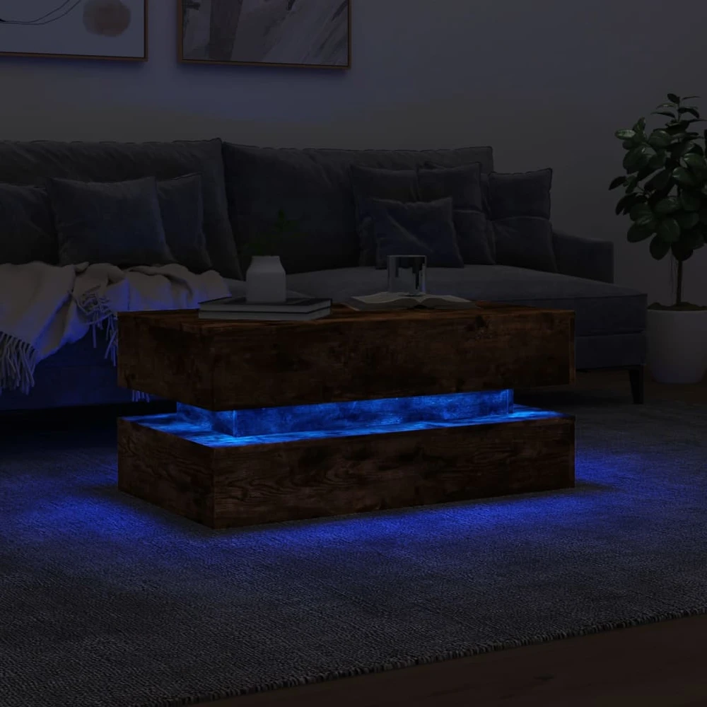 Kavos staliukas su LED lemputėmis, dūminis ąžuolo, 90x50x40cm