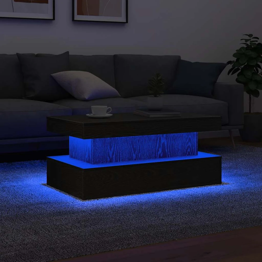 Kavos staliukas su LED lemputėmis, juodo ąžuolo spalvos, 90x50x40 cm