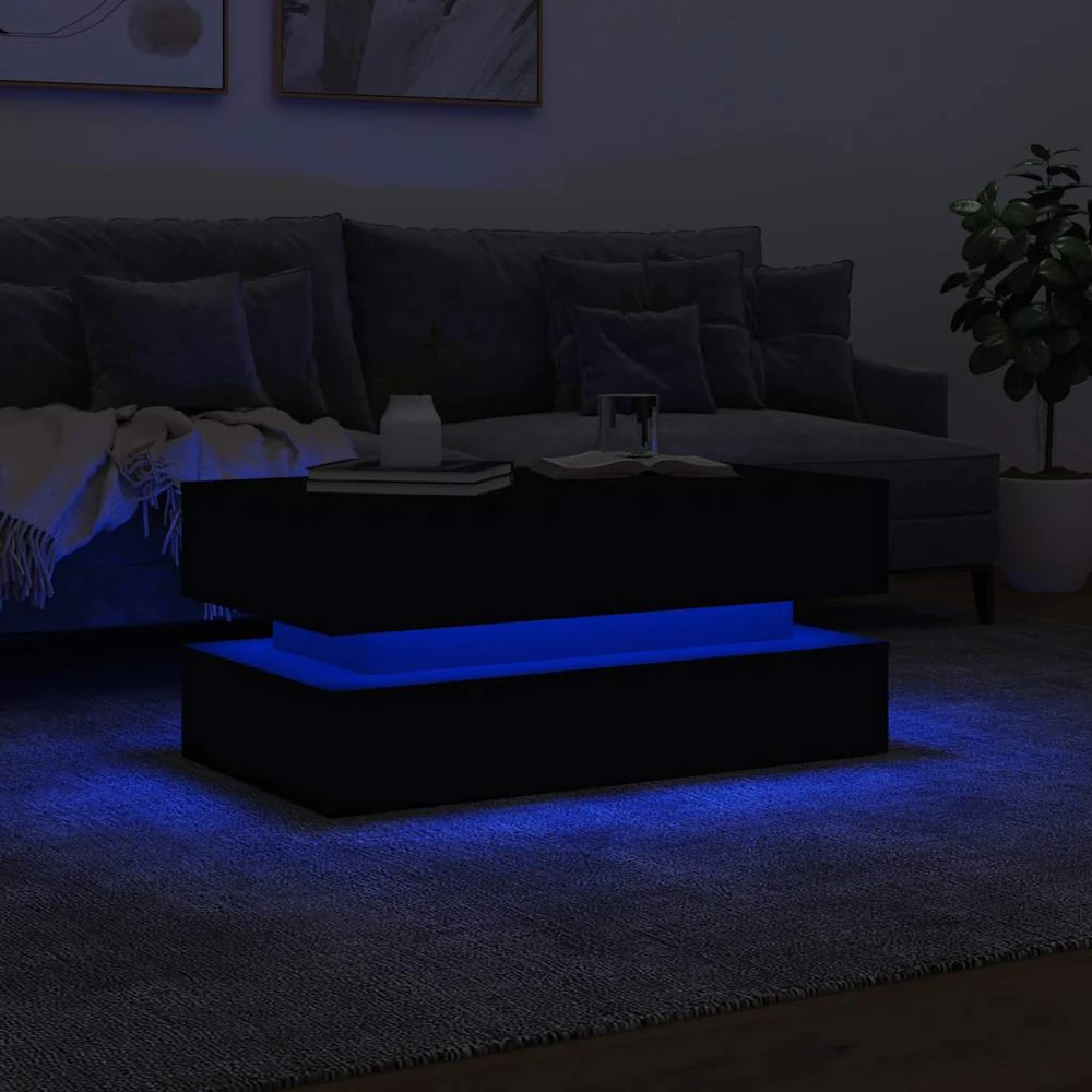 Kavos staliukas su LED lemputėmis, juodos spalvos, 90x50x40cm