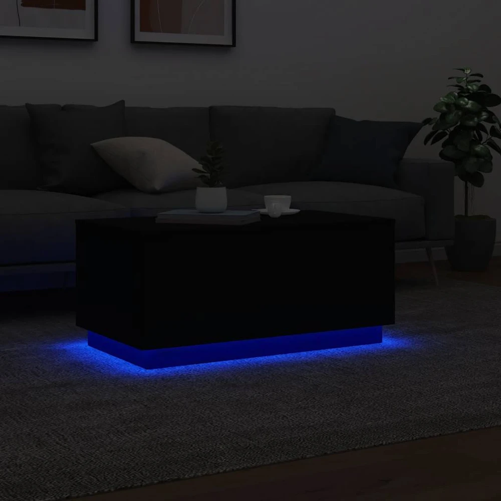 Kavos staliukas su LED lemputėmis, juodos spalvos, 90x50x40cm