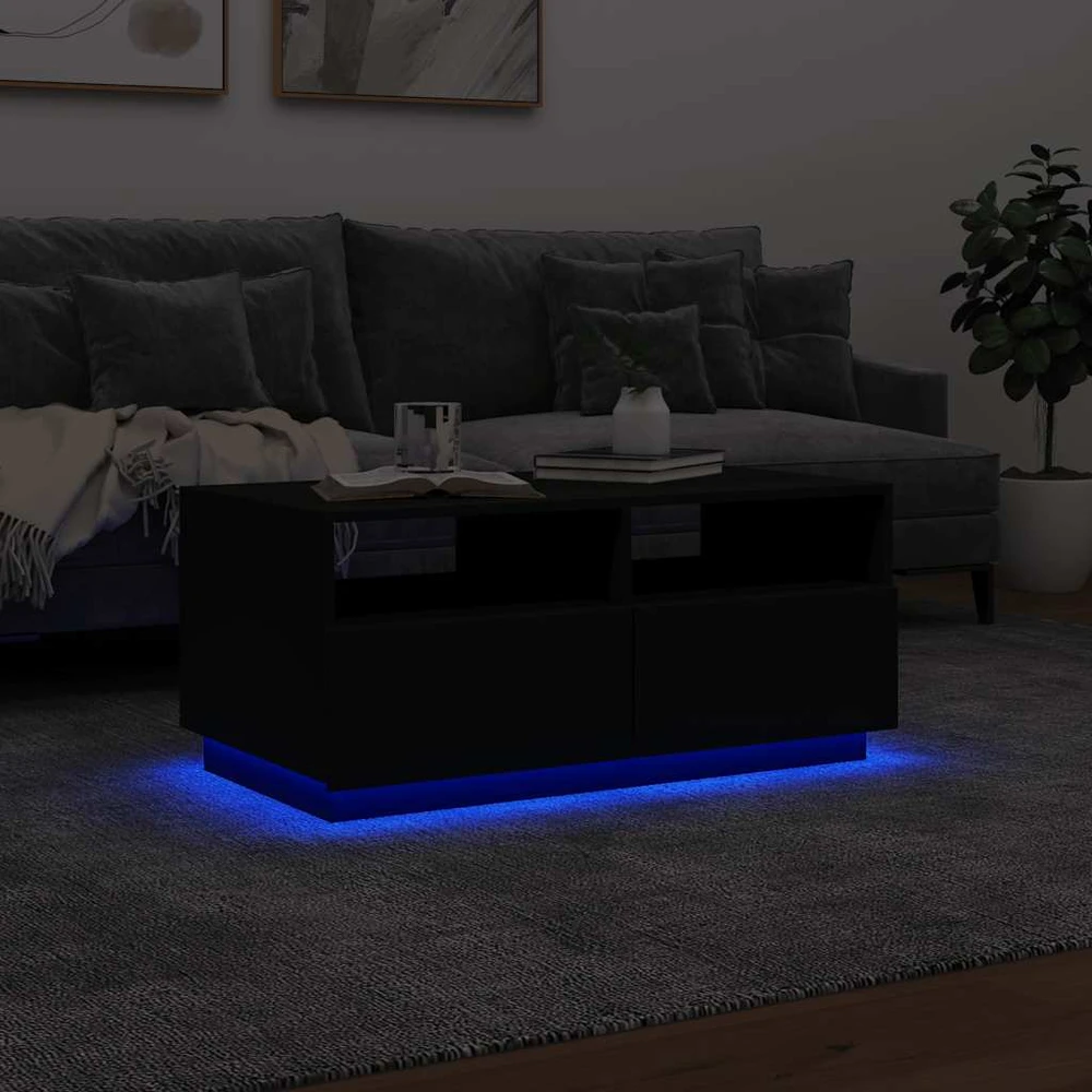 Kavos staliukas su LED lemputėmis, juodos spalvos, 90x49x40cm