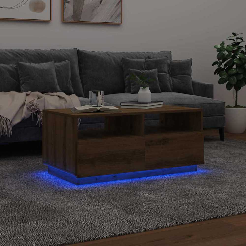 Kavos staliukas su LED lemputėmis, rudas ąžuolo, 90x49x40cm