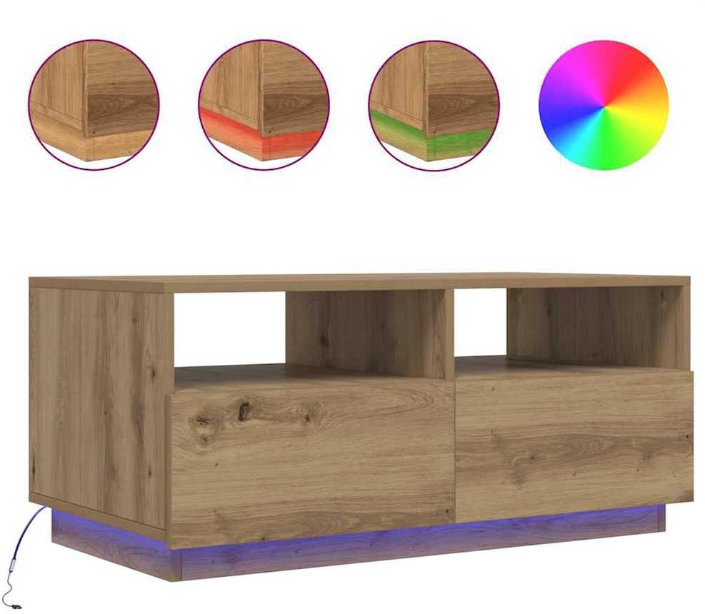 Kavos staliukas su LED lemputėmis, rudas ąžuolo, 90x49x40cm