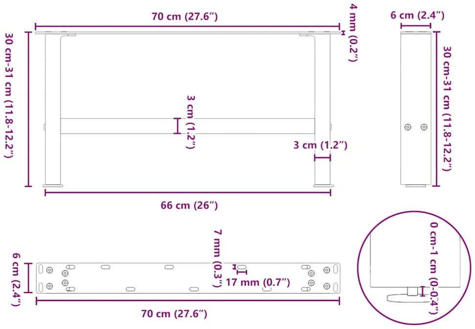 Kavos staliuko kojelės, 2 vnt., 70x(30-31) cm, natūralus plienas