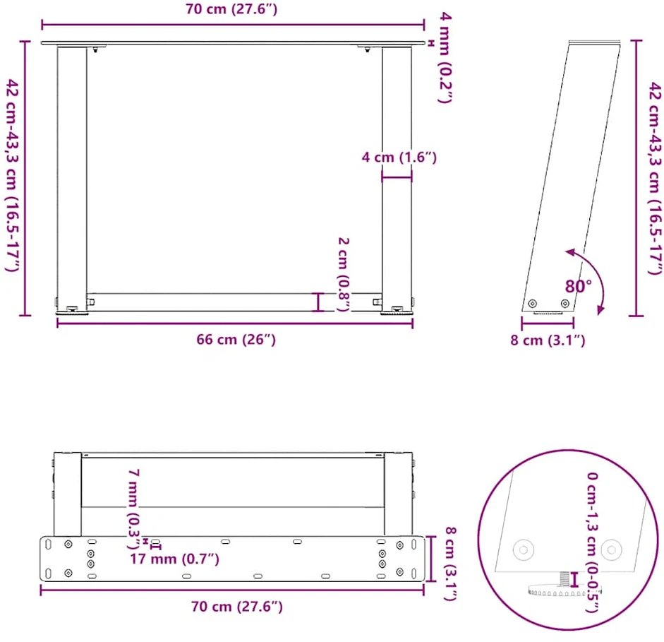 Kavos staliuko kojelės, U formos, 2 vnt., 70x(42-43)cm