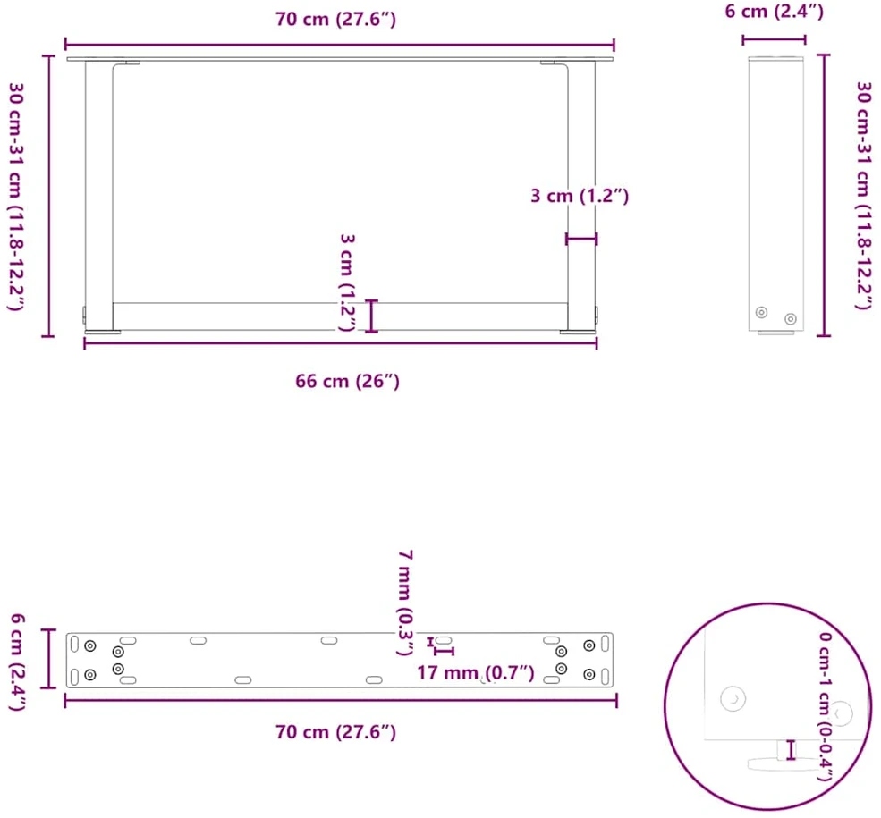 Kavos staliuko kojelės, 2 vnt., baltos, 70x(30-31) cm, plienas, U formos