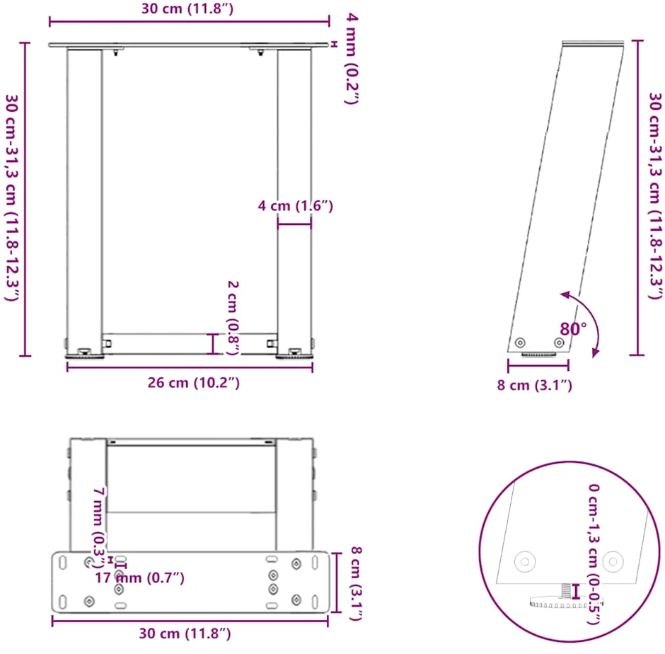 Kavos staliuko kojelės, 2 vnt., baltos, 30x(30-31) cm, plienas, U formos