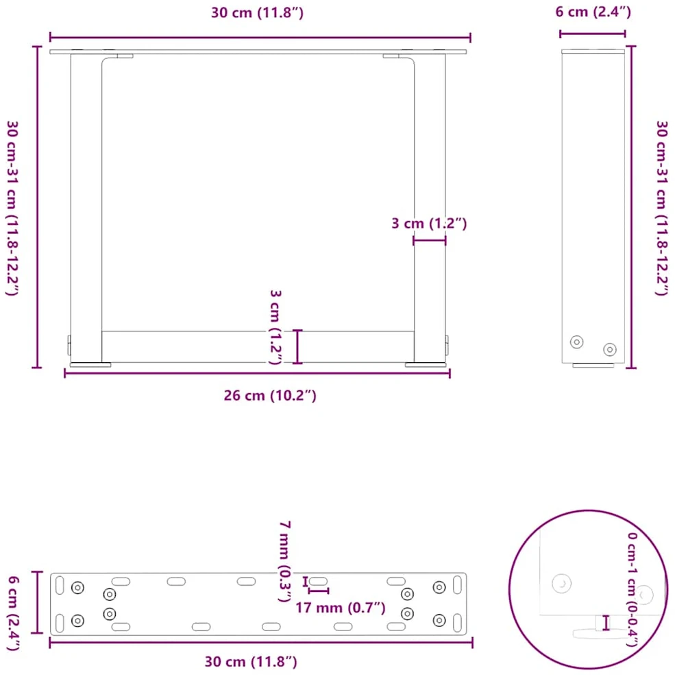 Kavos staliuko kojelės, 2 vnt., baltos, 30x(30-31) cm, plienas, U formos