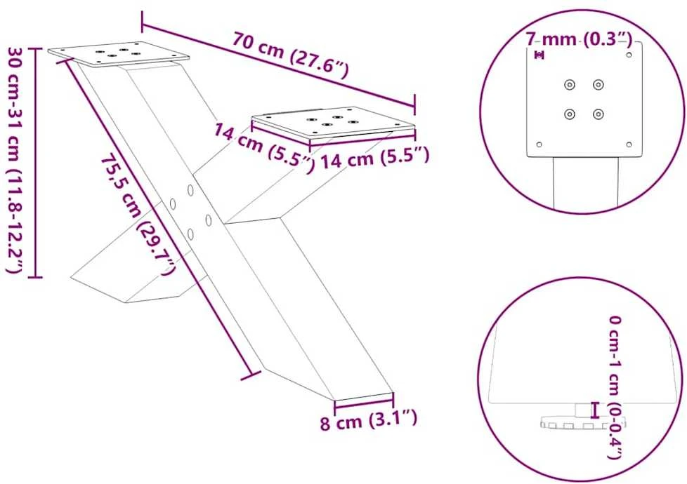 Kavos staliuko kojelės, 2 vnt., juodos, 70x(30-31) cm, plienas, X formos