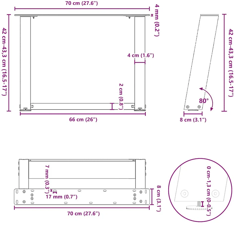 Kavos staliuko kojelės, U formos, 2 vnt., juoda, 70x(42-43) cm