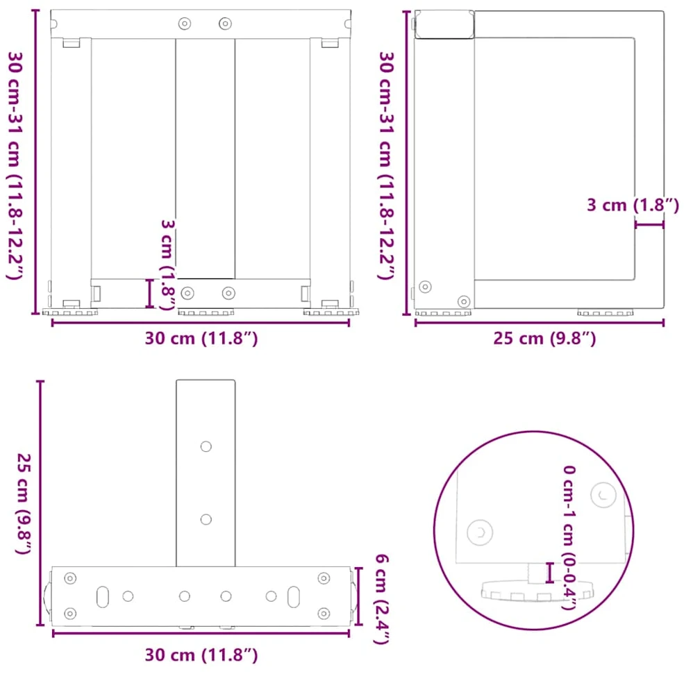 Kavos staliuko kojelės, 2 vnt., juodos, 30x25x(30-31) cm, plienas