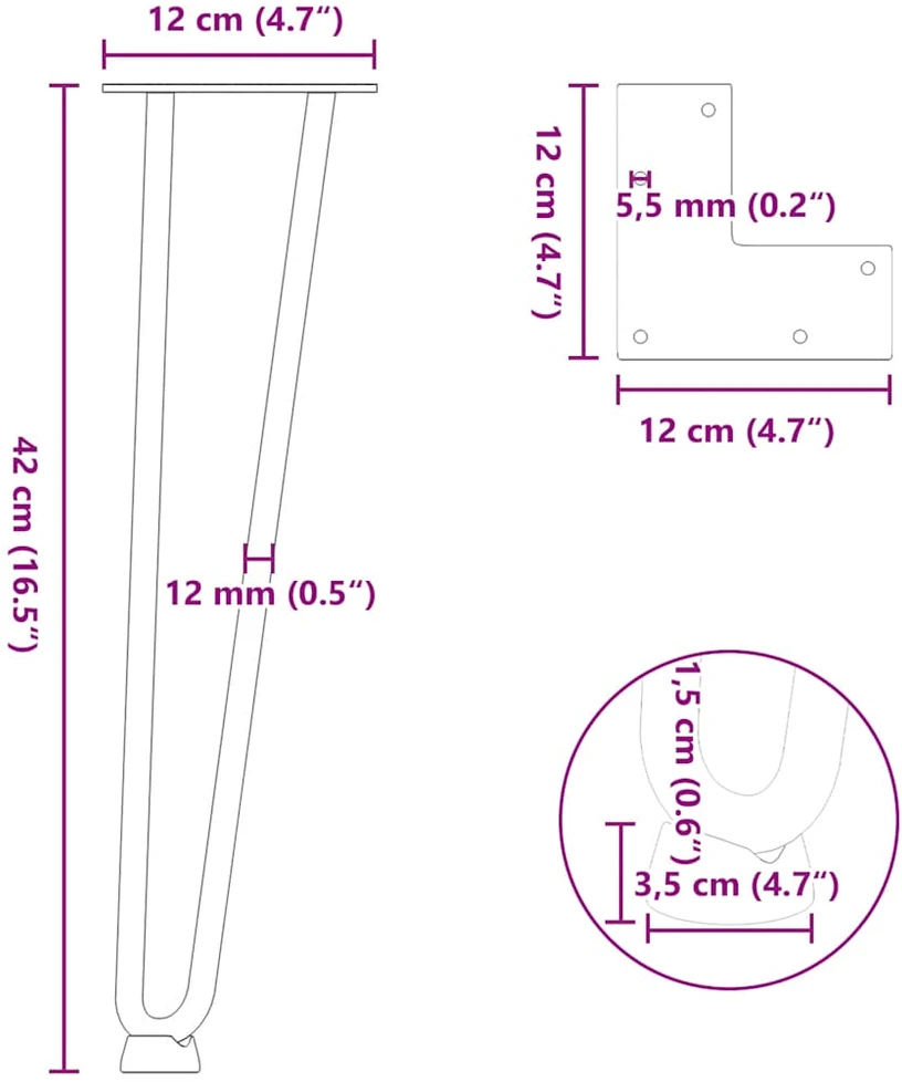 Kavos staliuko kojelės, 4 vnt., juodos, 42 cm, plienas, segtukai