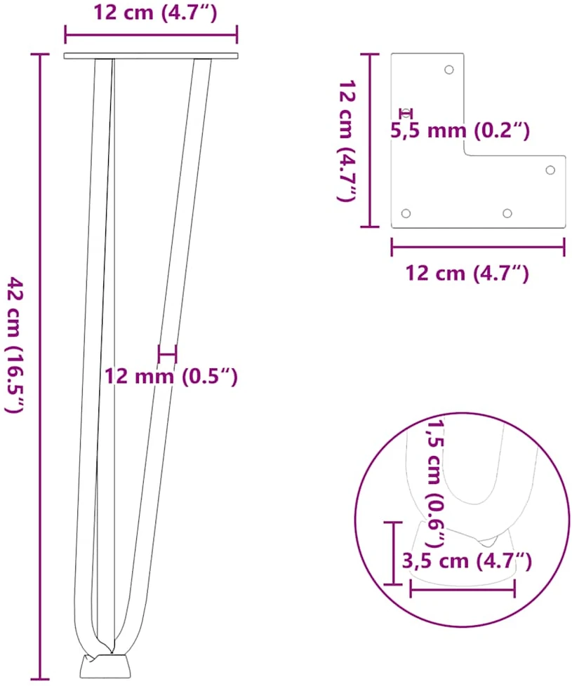 Kavos staliuko kojelės, 4 vnt., juodos, 42 cm, plienas, segtukai