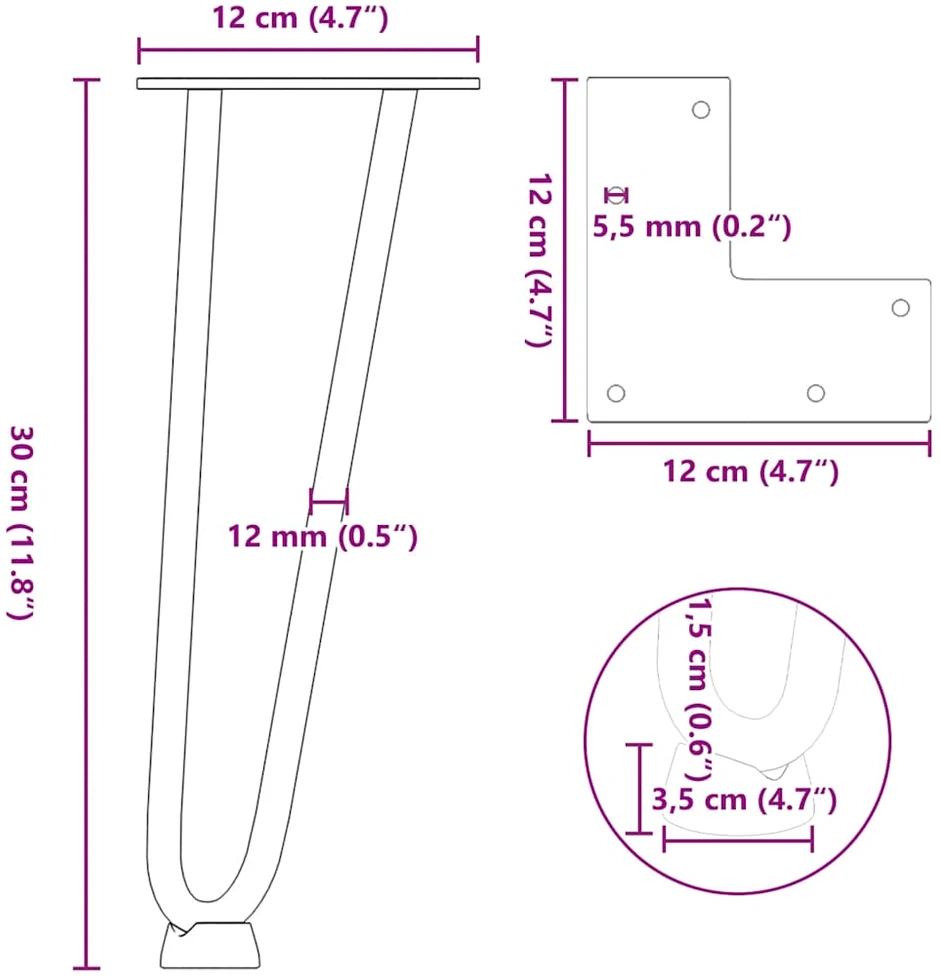 Kavos staliuko kojelės, 4 vnt., juodos, 30 cm, plienas, segtukai