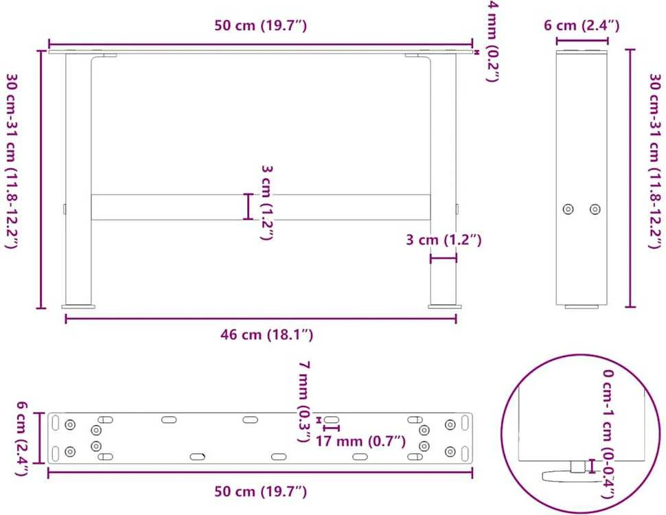 Kavos staliuko kojelės, 2 vnt., 50x(30-31) cm, natūralus plienas
