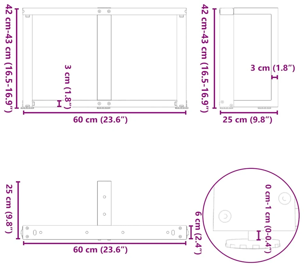 Kavos staliuko kojelės, T formos, 2 vnt., antracito spalvos, 60x25x(42-43) cm, plienas