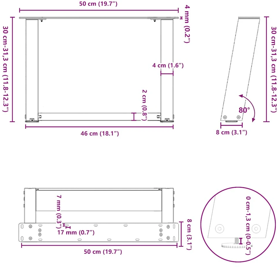 Kavos staliuko kojelės, U formos, 2 vnt., natūralus plienas, 50x(30-31) cm, plienas