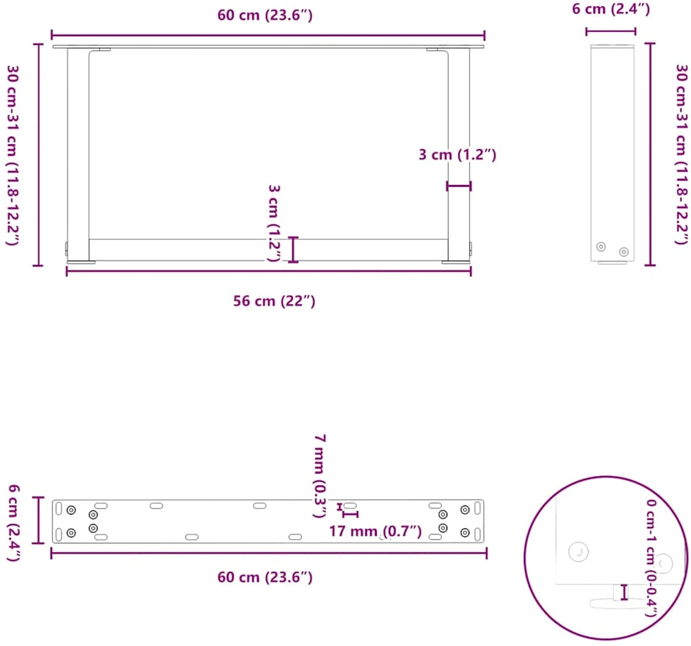 Kavos staliuko kojelės, U formos, 2 vnt., natūralus plienas, 60x(30-31) cm, plienas