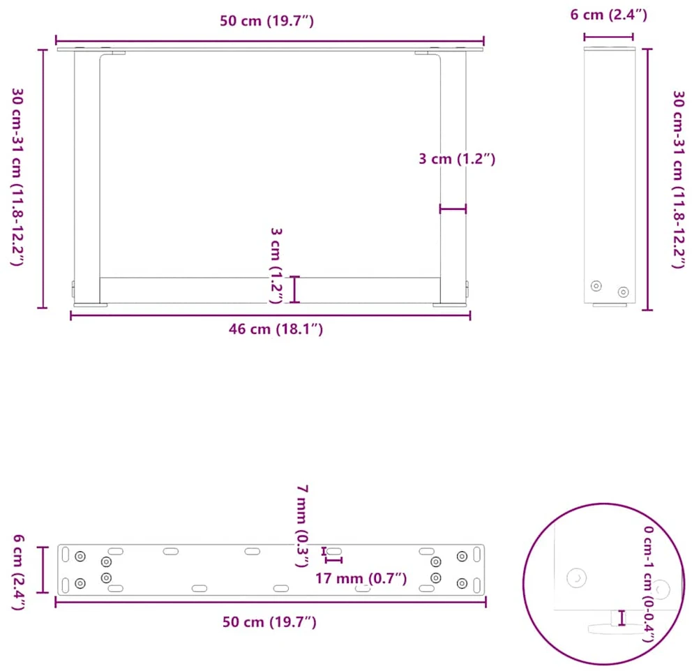 Kavos staliuko kojelės, U formos, 2 vnt., natūralus plienas, 50x(30-31) cm, plienas