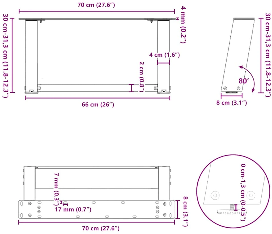 Kavos staliuko kojelės, U formos, 2 vnt., natūralus plienas, 70x(30-31) cm, plienas