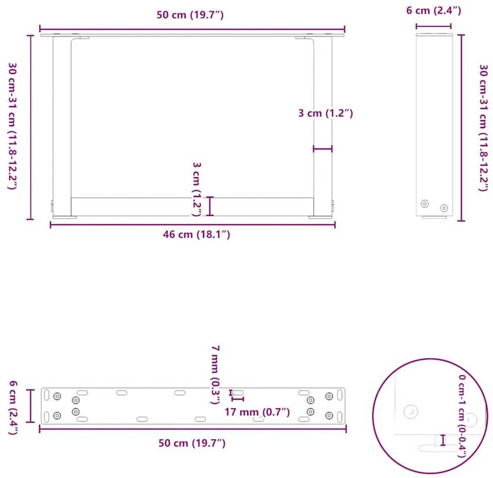 Kavos staliuko kojelės, U formos, 2 vnt., natūralus plienas, 50x(30-31) cm, plienas