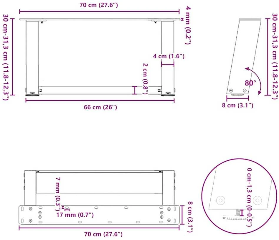 Kavos staliuko kojelės, U formos, 2 vnt., natūralus plienas, 70x(30-31) cm, plienas