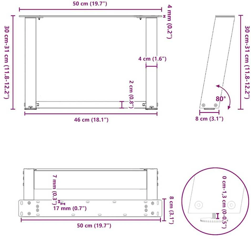 Kavos staliuko kojelės, U formos, 2 vnt., natūralus plienas, 50x(30-31) cm, plienas