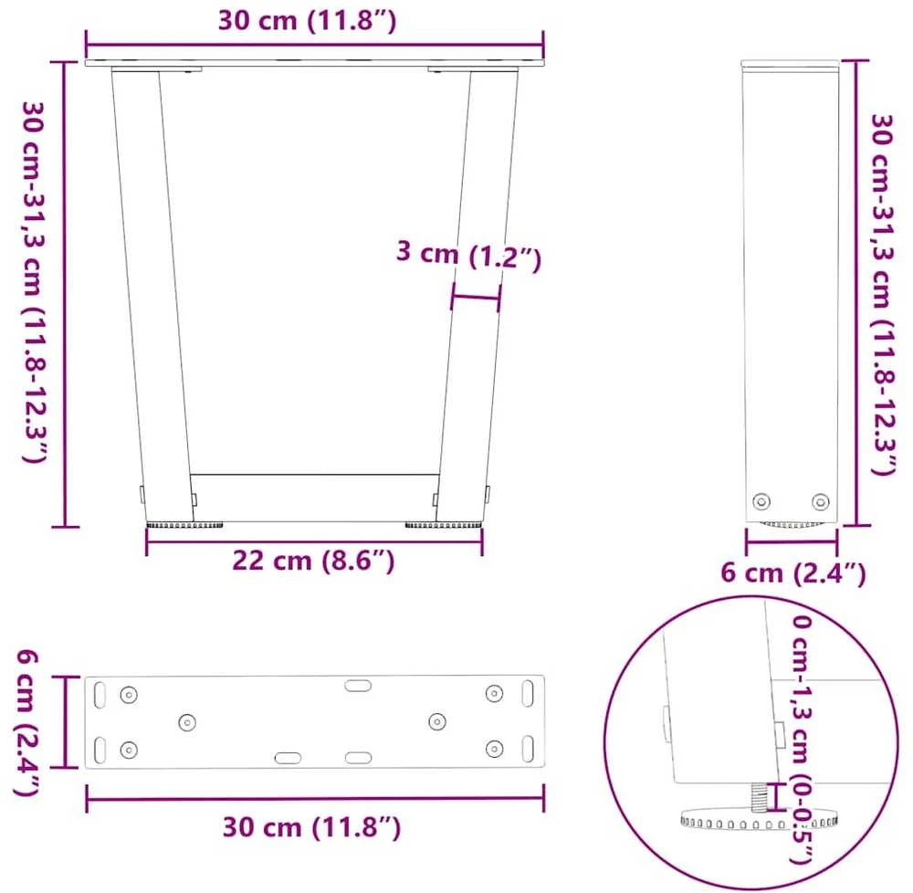 Kavos staliuko kojelės, V formos, 2 vnt., natūralus plienas, 30x(30-31,3) cm, plienas