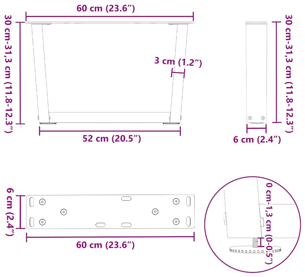 Kavos staliuko kojelės, V formos, 2 vnt., juodos, 60x(30-31,3) cm, plienas