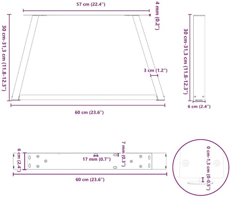 Kavos staliuko kojelės, V formos, 2 vnt., natūralus plienas, 60x(30-31,3) cm, plienas