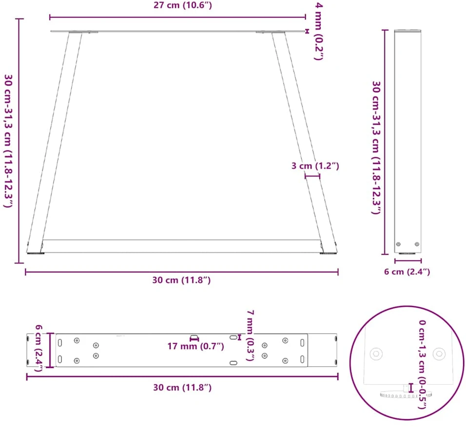 Kavos staliuko kojelės, V formos, 2 vnt., antracito spalvos, 30x(30-31,3) cm, plienas