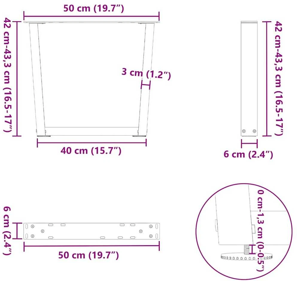 Kavos staliuko kojelės, V formos, 2 vnt., natūralus plienas, 50x(42-43,3) cm, plienas